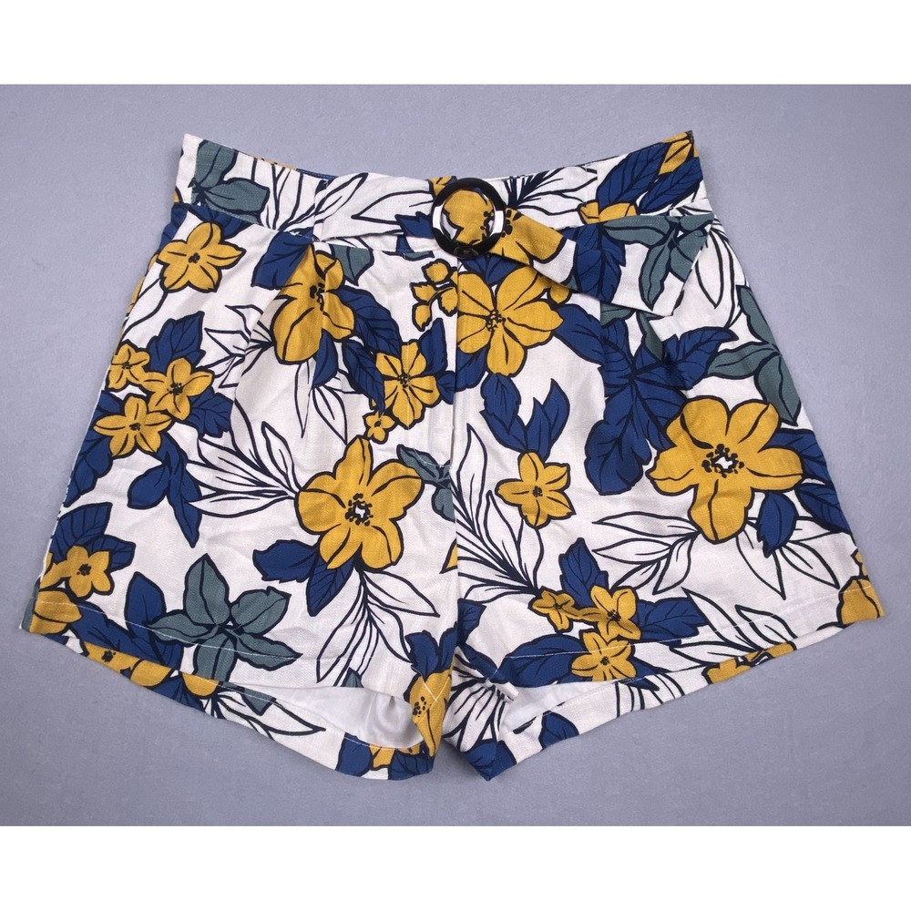 J.O.A. Los Angeles Floral High Waisted Shorts Yellow Navy Blue Size M